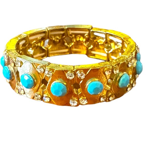 Turquoise Color Cabochon Beads, rhinestone crystal Gold color stretch bracelet - Picture 1 of 9